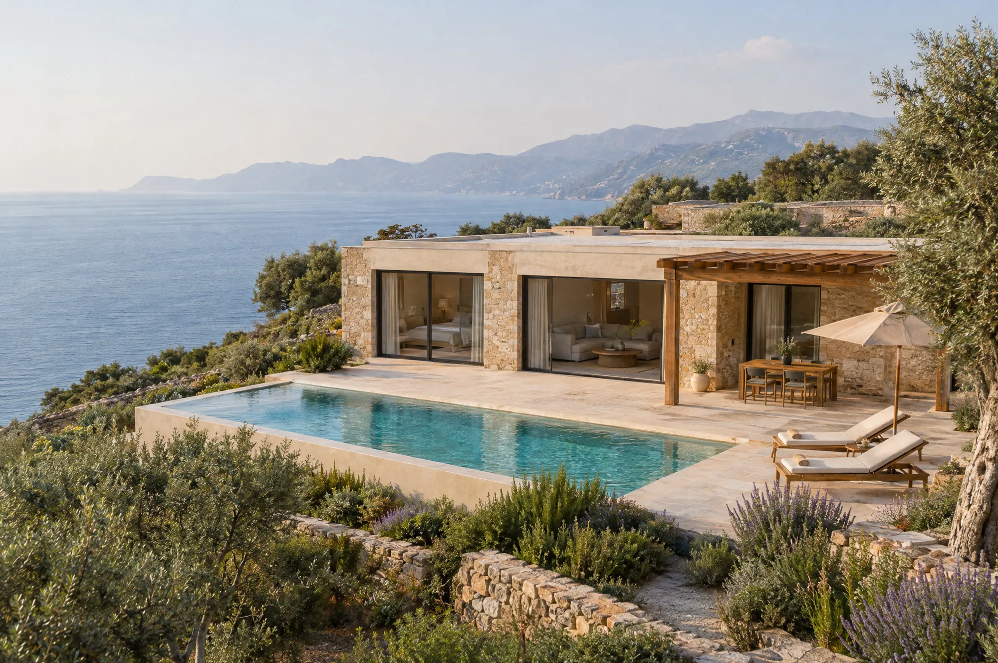 Limestone villa with a private pool, olive trees and a sea view.