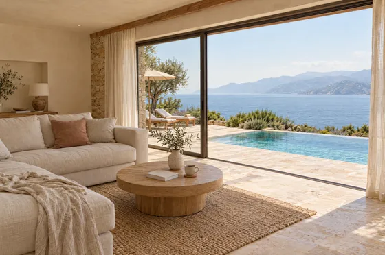 Cream linen sofa and oak coffee table beside glass doors to the pool terrace.