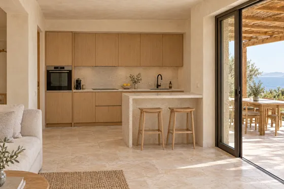 Oak kitchen with a stone peninsula and two stools beside the terrace.