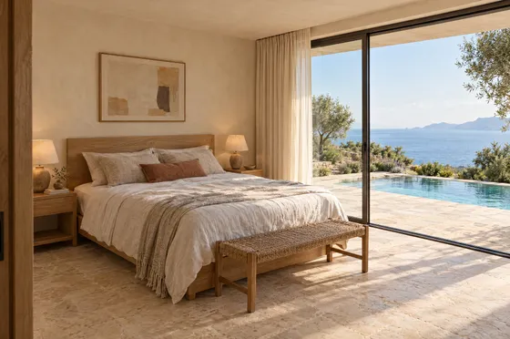 Double bedroom with linen bedding and glass doors facing the pool and sea.