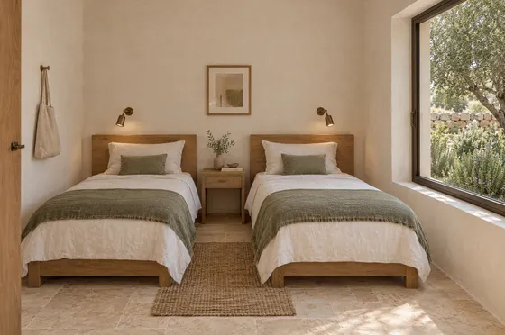 Two single beds with olive-green throws in a garden-facing bedroom.