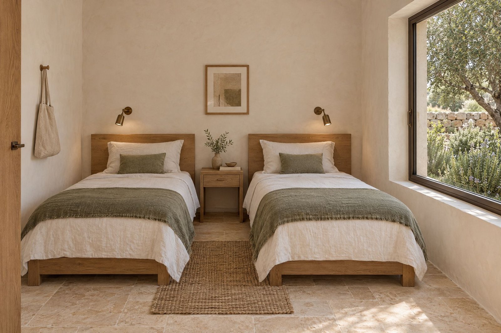 Two single beds with olive-green throws in a garden-facing bedroom.