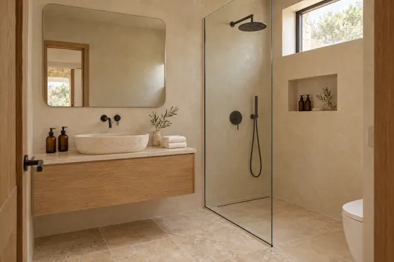 Bathroom with an oak vanity, stone basin and glass walk-in shower.