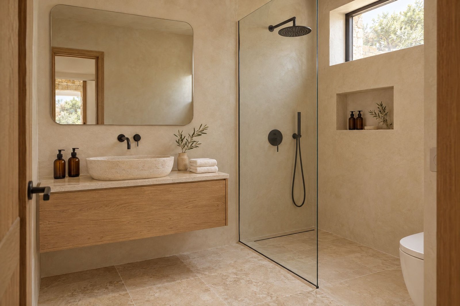 Bathroom with an oak vanity, stone basin and glass walk-in shower.