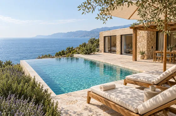 Two cushioned teak loungers beside a turquoise pool overlooking the sea.