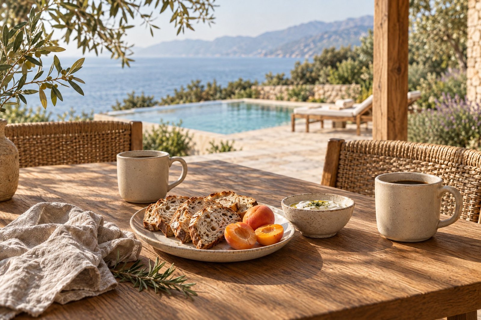 Coffee, bread and apricots on an oak terrace table in the morning sun.