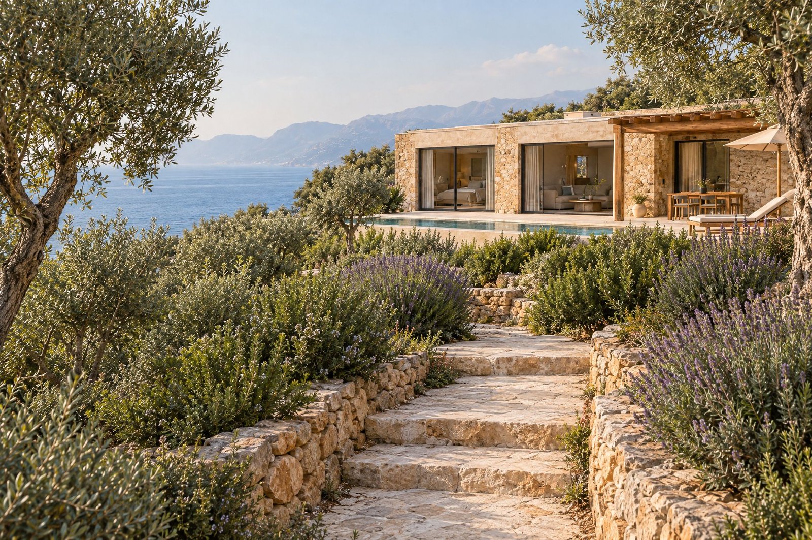 Stone path through lavender and olive trees leading towards the villa.
