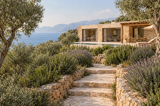 Stone path through lavender and olive trees leading towards the villa.