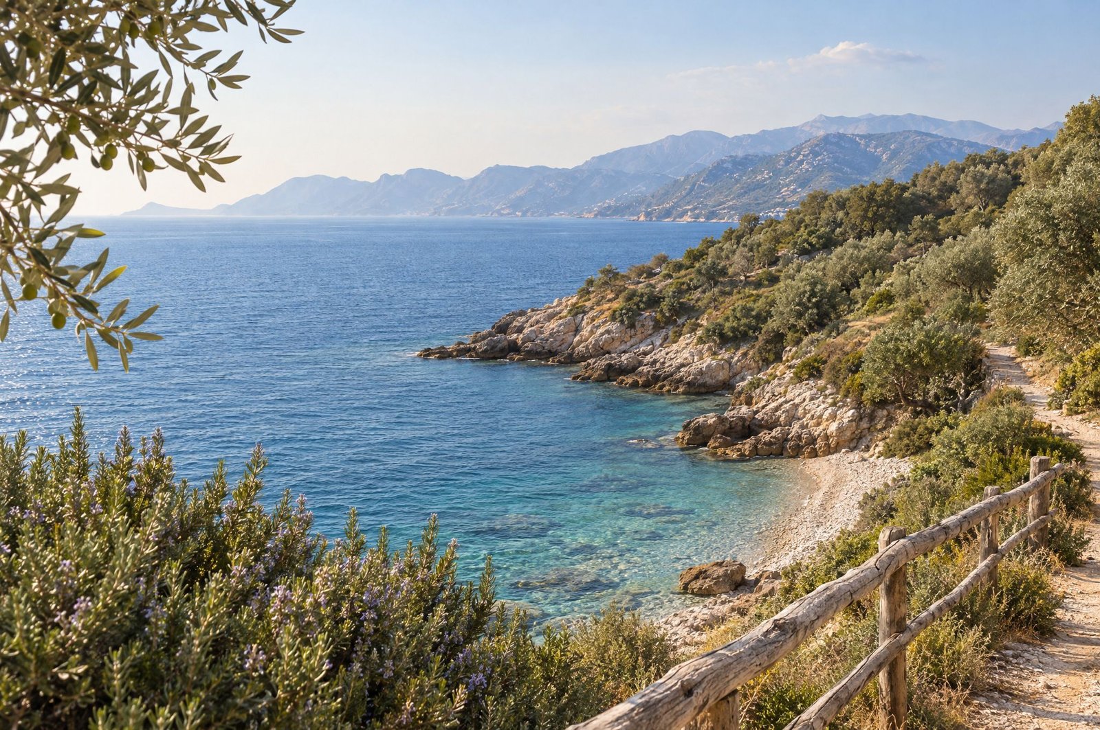 Fictional coastal footpath above a rocky cove with distant mountains.